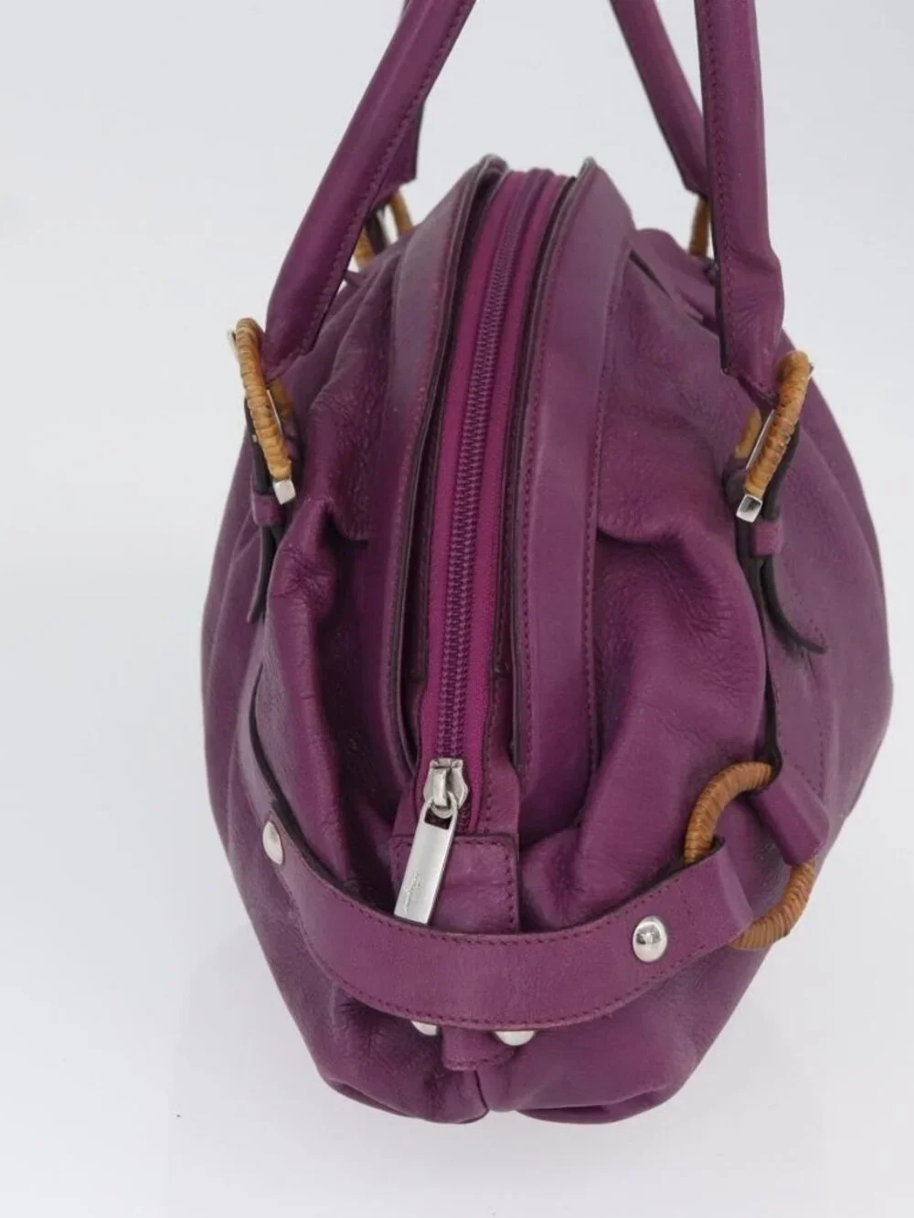 Salvatore Ferragamo Gancini Hand Bag Leather Purple Silver Auth LNZ629